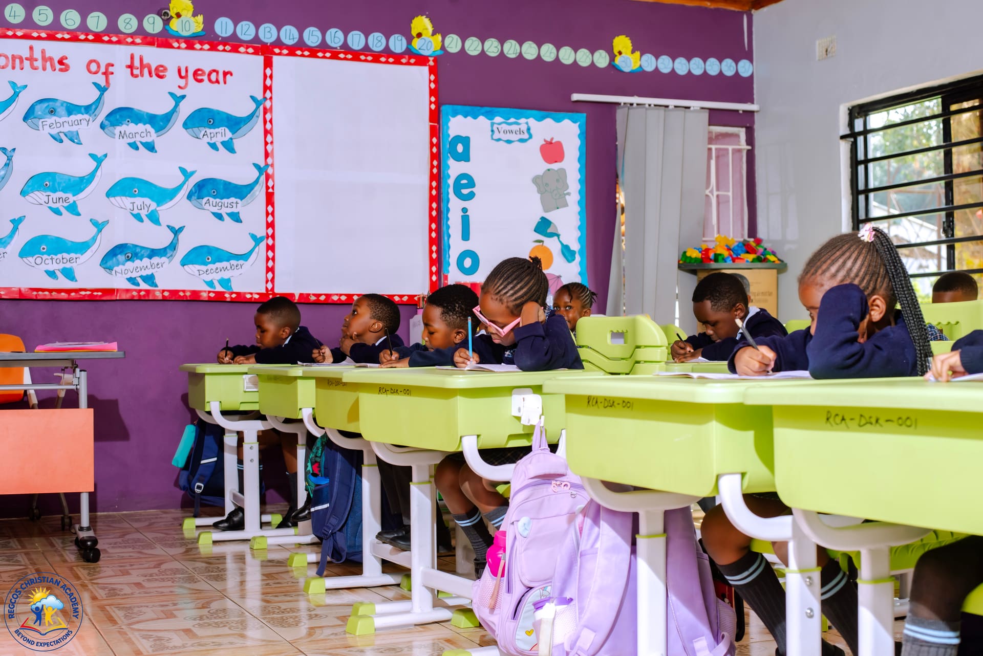 Learners writing in their exercise books at their desks